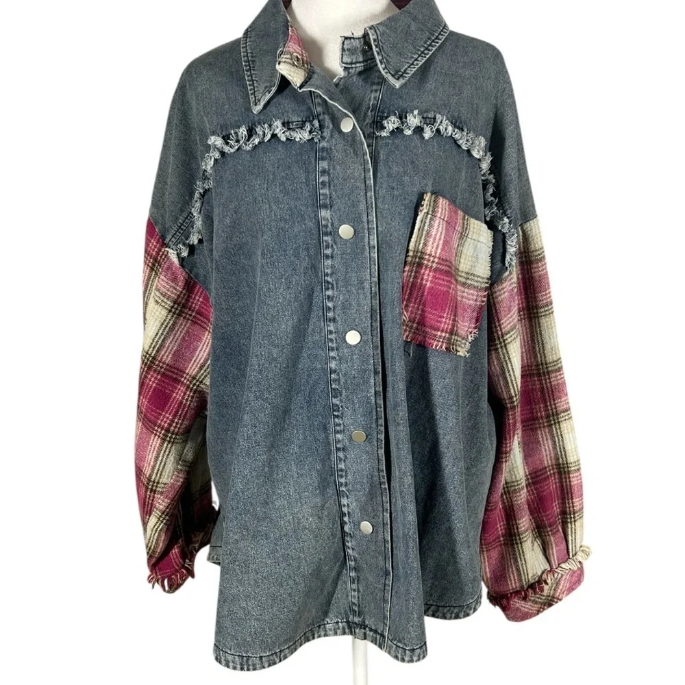 Umgee Boho Oversized Baggy Distressed Fringe Washed Denim & Plaid Shacket Sz M